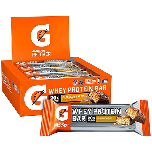 Gatorade Whey Protein Recover Bar chocolate caramel unwrap showing post‑workout protein power