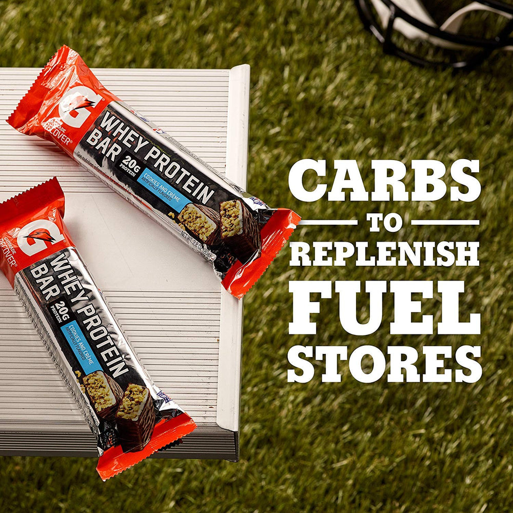 Gatorade Whey Protein Cookies and Creme bar on gym desk for quick fueling