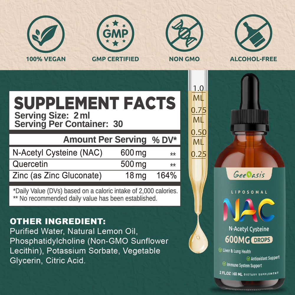Geeoasis NAC drops label highlights quercetin and zinc for potential immune support.