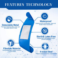 Geiserailie blue bandage with non-stick pad for easy dressings.