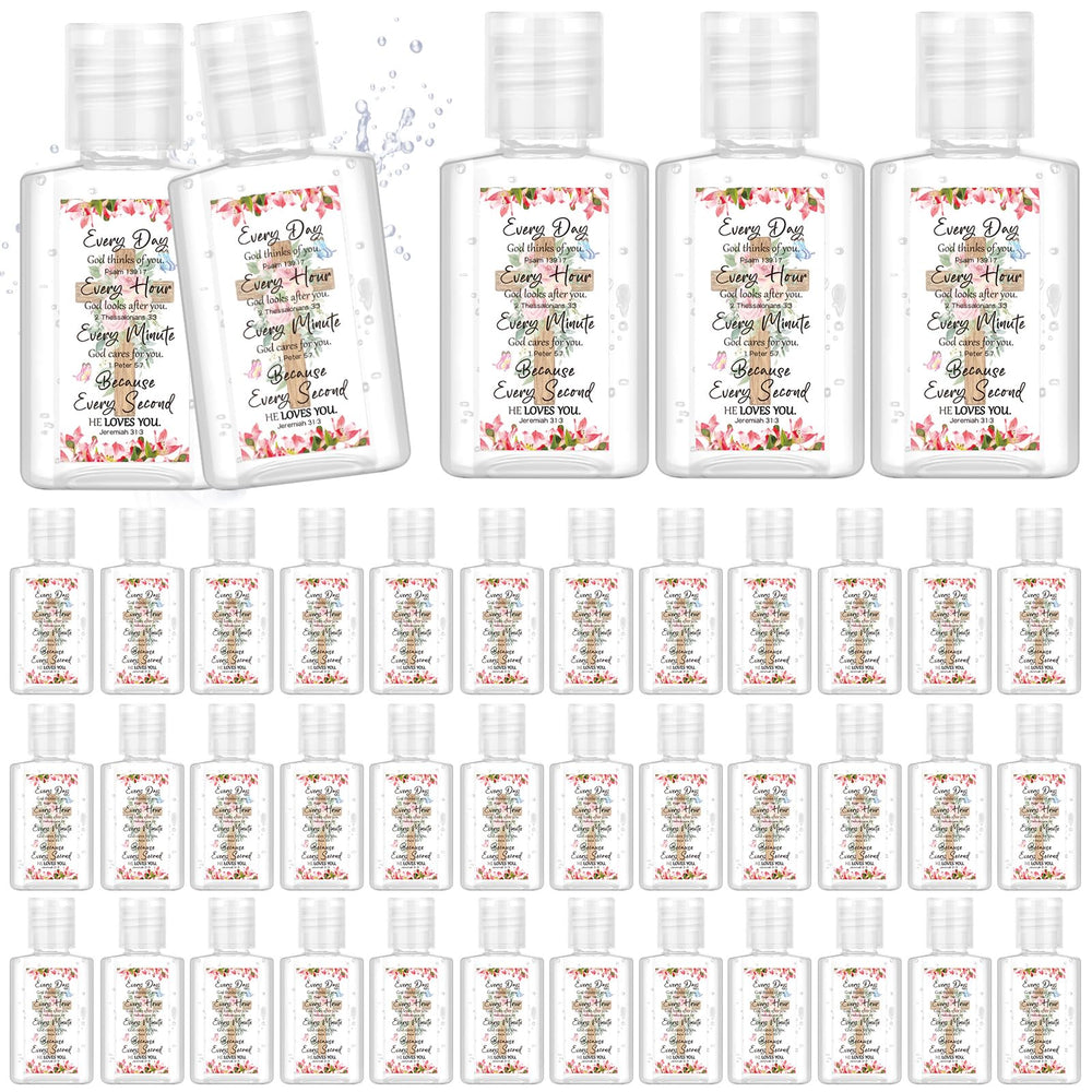 Gejoy Christian hand sanitizer in bulk 72-pack with floral design for events.