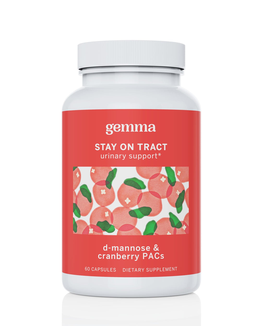 Gemma Stay On Tract cranberry PAC bottle for everyday urinary support.