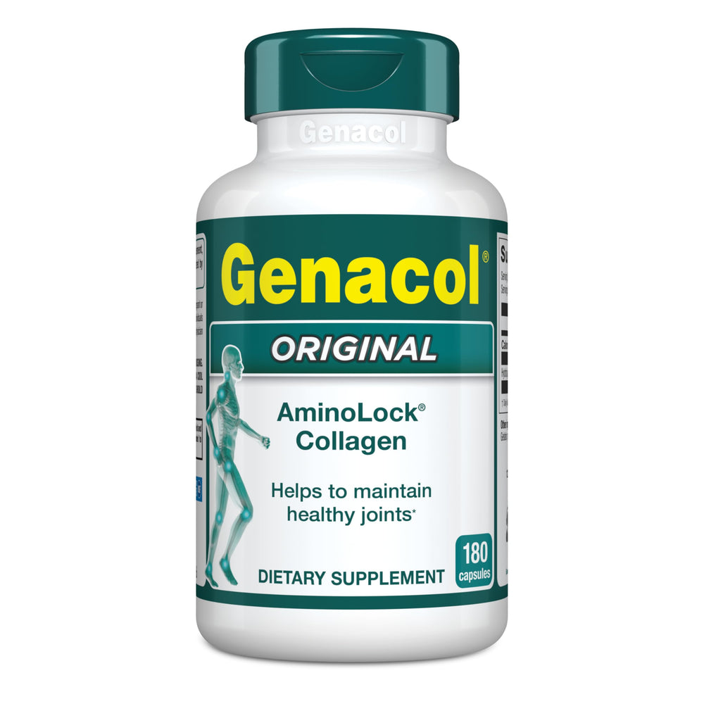 Genacol Collagen Peptides capsules bottle closeup for joint support.