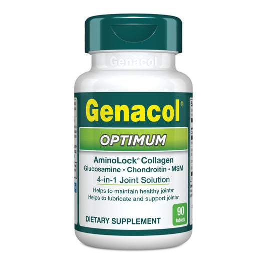 Genacol Optimum bottle top view showing tablets for joint support and mobility.