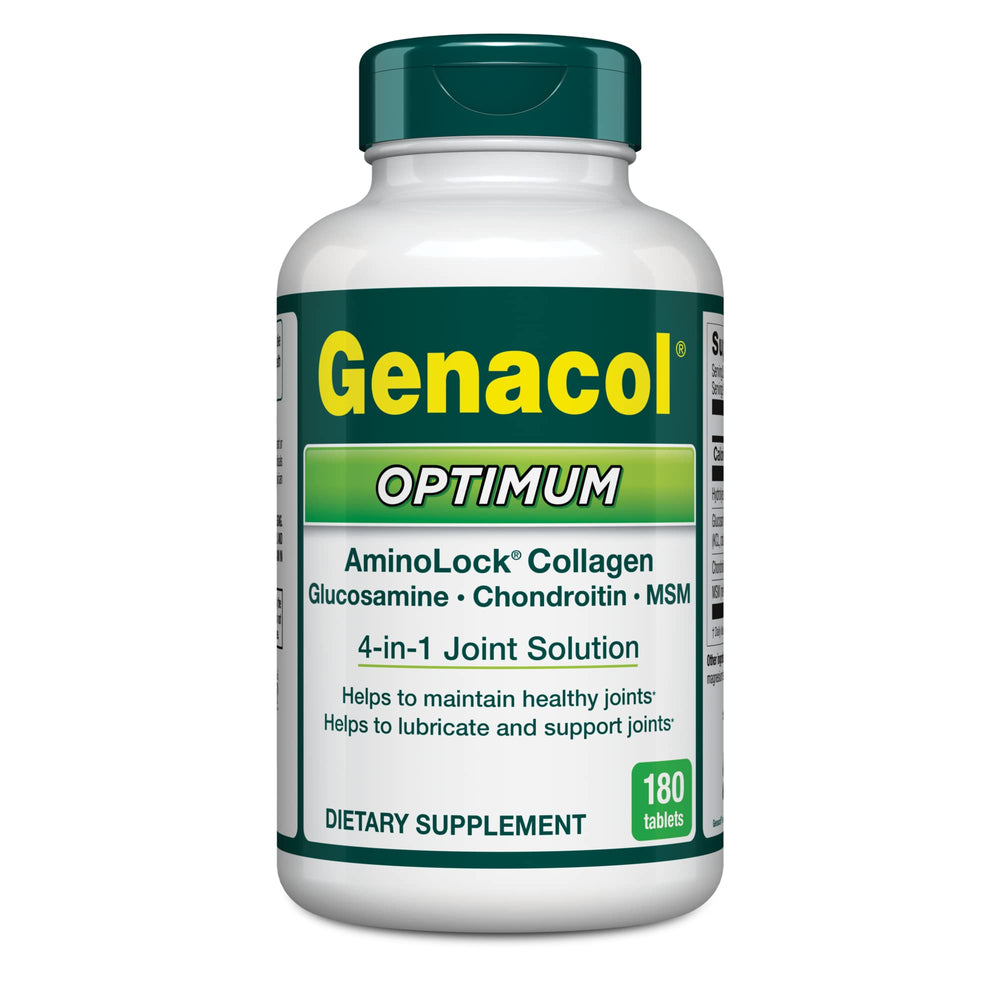 Genacol Optimum tablets pack showing joint-support blend with glucosamine, chondroitin, MSM and collagen