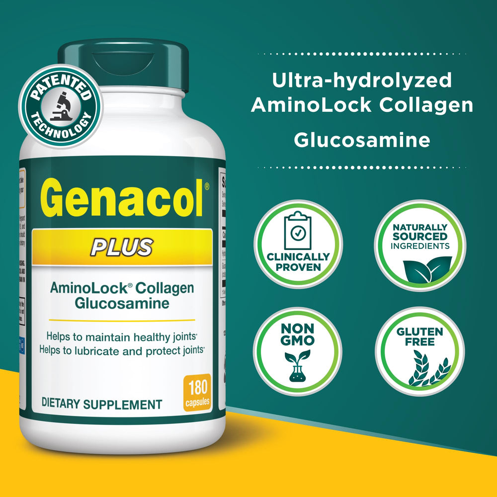 Genacol Plus bottle pour demonstrates easy daily dosing for sustained joint care.