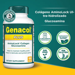 Genacol Plus front label emphasizes non-GMO ingredients and 180 capsule supply.