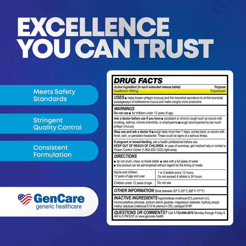 GenCare Mucus Relief container in a medicine cabinet for seasonal congestion support.