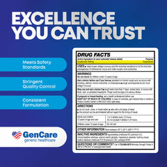 GenCare Mucus Relief container in a medicine cabinet for seasonal congestion support.