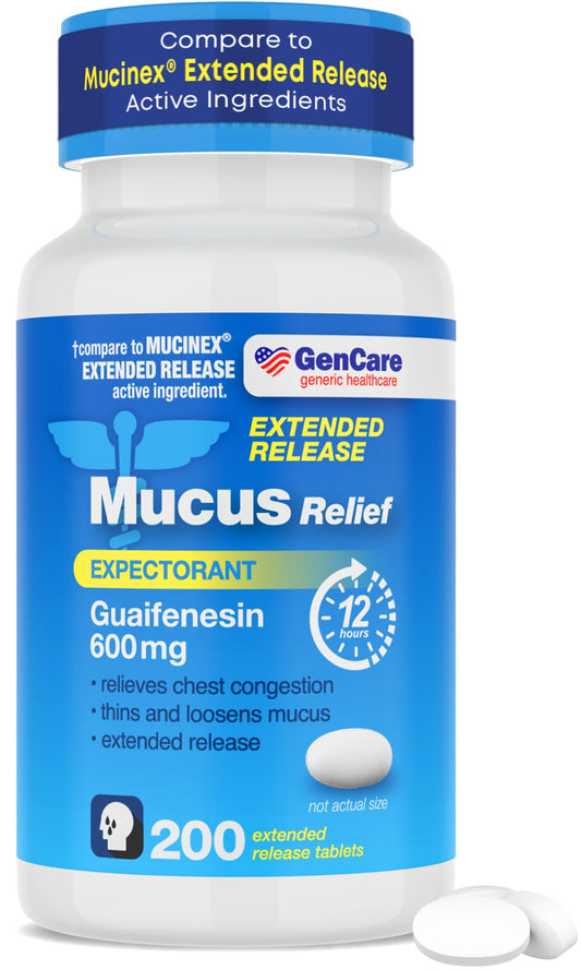 GenCare Mucus Relief bottle front showing 200-count package for extended relief.
