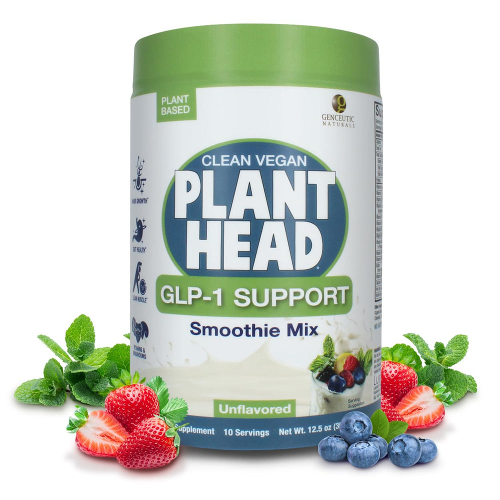 Genceutic Naturals Plant Head GLP-1 Support bottle promotes hair and gut balance.