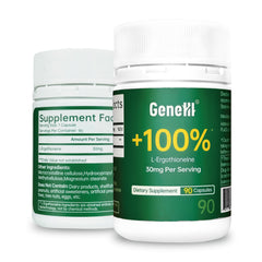 GENEIII L-Ergothioneine bottle shows 30 mg servings for longevity support
