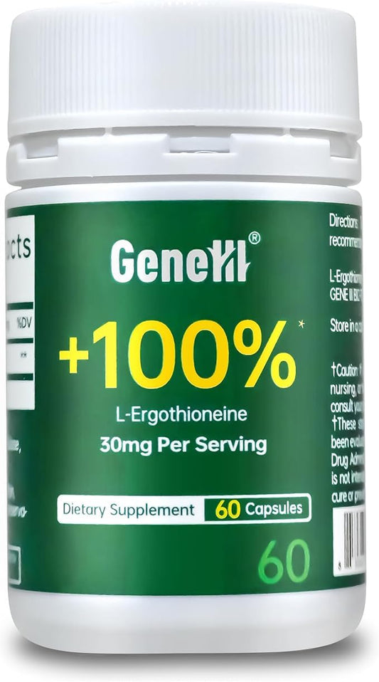 GENEIII ergothioneine bottle front signaling immune support and longevity potential.