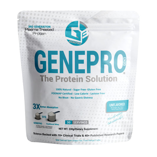 GENEPRO GEN. 3 unflavored whey protein bottle—lactose-free recovery support.
