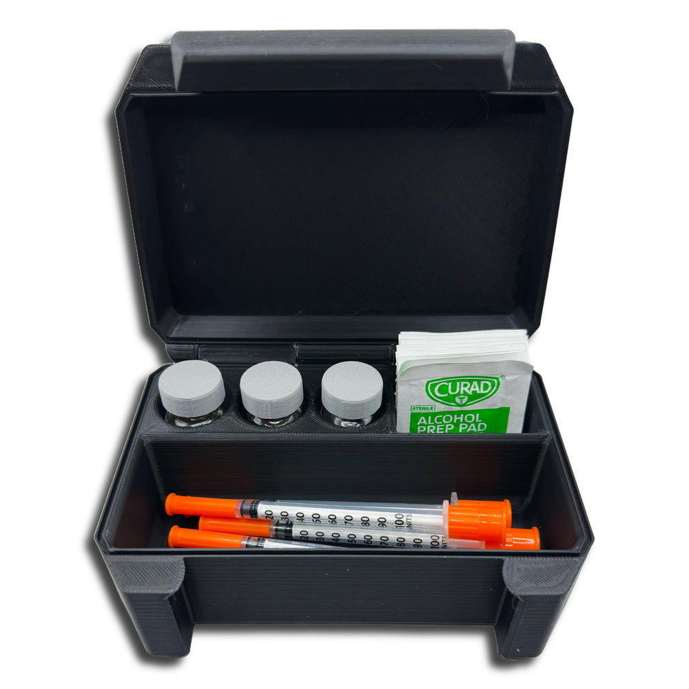 Generic travel-ready compact vial case shown in a bag for portability