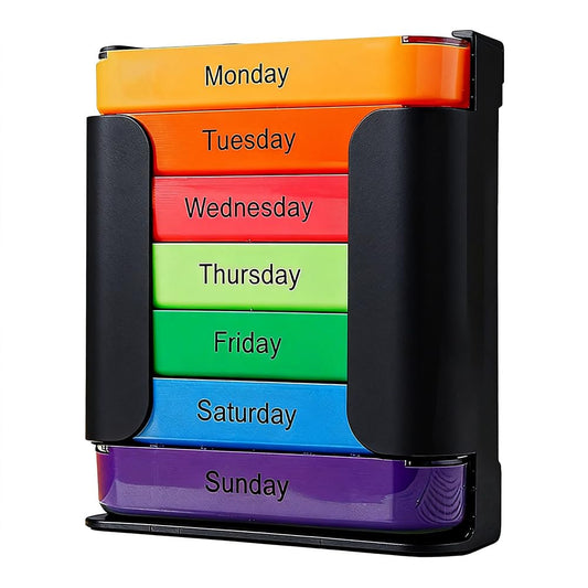 Generic 7-day pill organizer with clear lid for quick dose checks
