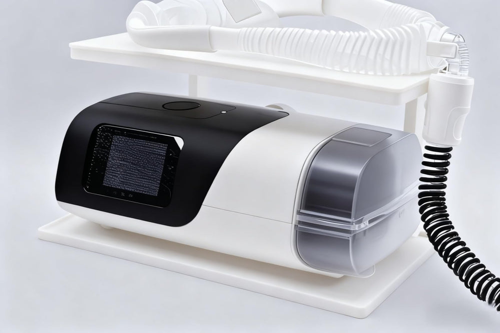 Generic bedside shelf with dual-layer design keeps CPAP gear organized.