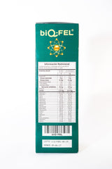 BIQ-FEL bottle with fresh fruits background for vitality