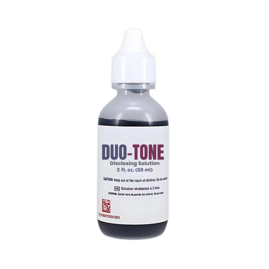 Generic Dental Duo-Tone Disclosing Solution bottle close-up highlights color-coded plaque indicators.