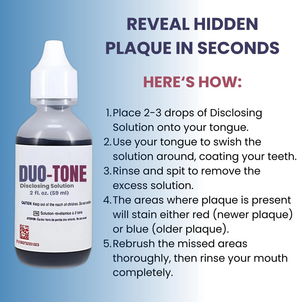 Generic Dental Duo-Tone Disclosing Solution is safe for external use and demonstrates brushing.