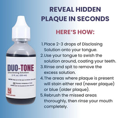 Generic Dental Duo-Tone Disclosing Solution is safe for external use and demonstrates brushing.