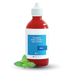 Generic Disclosing Solution bottle with mint shows plaque for targeted brushing.