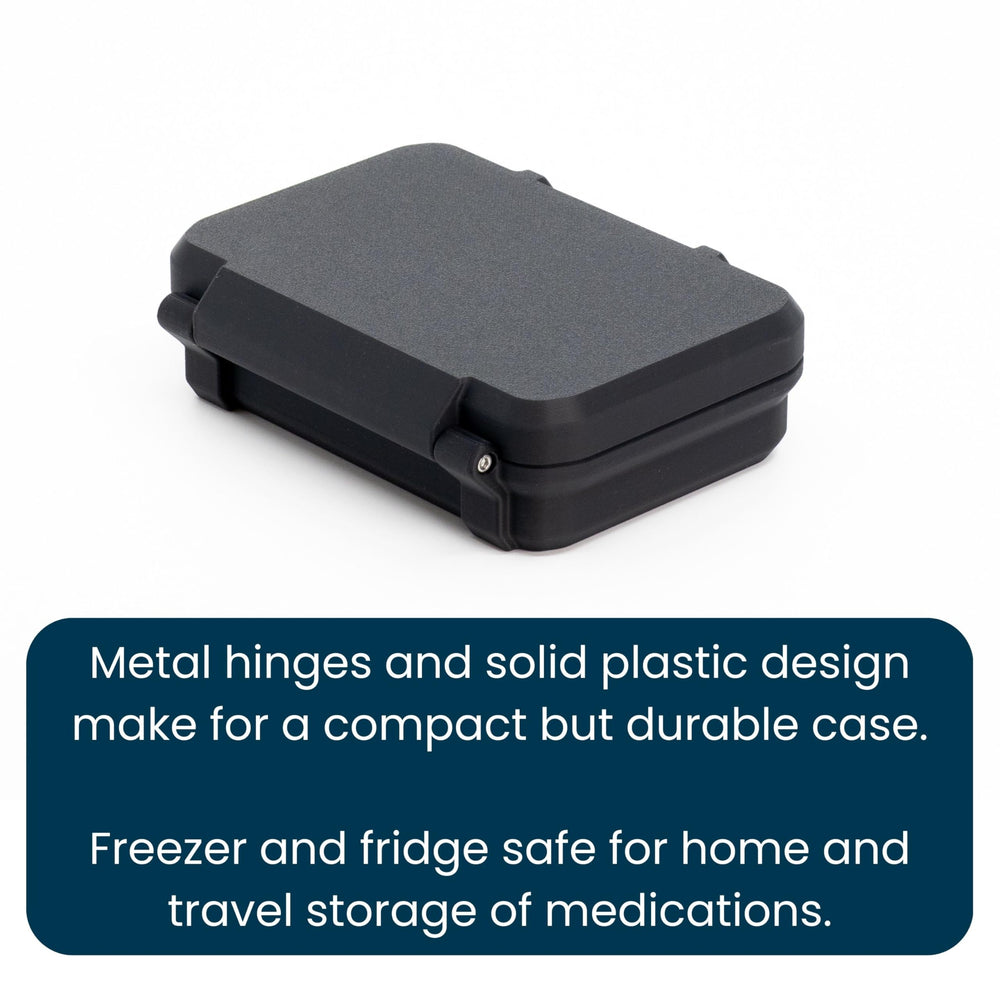 Compact case with room for vials, syringes, and wipes.