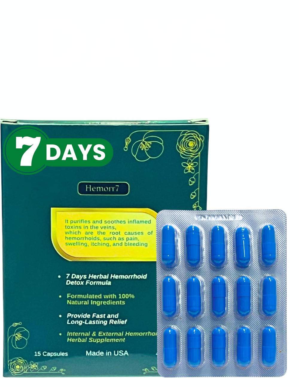 Generic Hemor7 bottle and pills on a clean surface for daily hemorrhoid support
