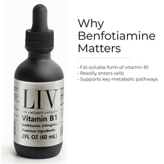Close-up of LIV Vitamin B1 Liquid bottle showing dual thiamine benfotiamine formula