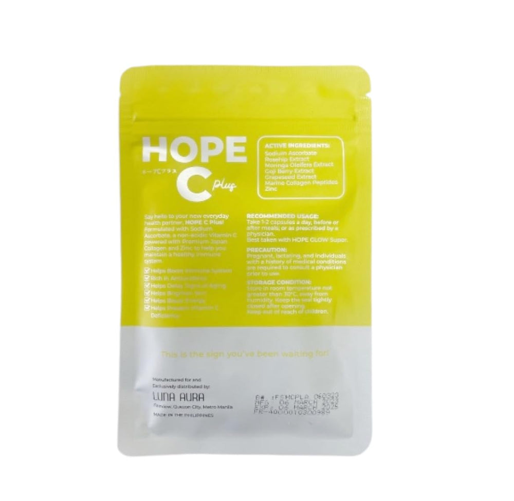 Luna Aura HOPE C Plus bottle back highlights vitamin C benefits