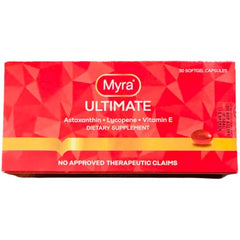 Myra Ultimate astaxanthin softgel bottle close-up showing packaging.