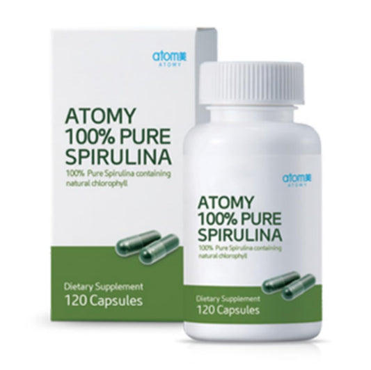 Generic Spirulina bottle label shows 100% pure spirulina for daily use