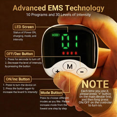 Generic TENS & EMS control panel shows adjustable modes for customization.