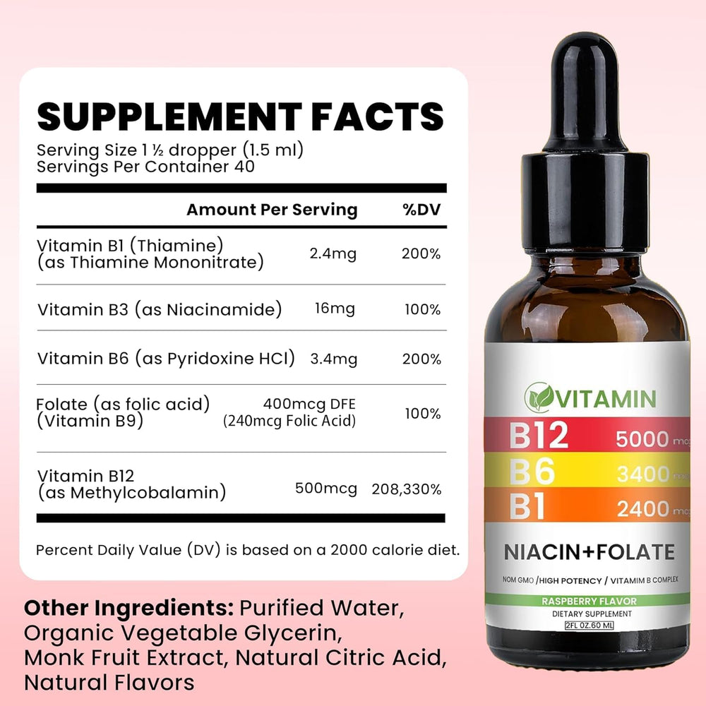 Generic Vitamin B12 Drops bottle close-up showing ingredients and vegan notes.