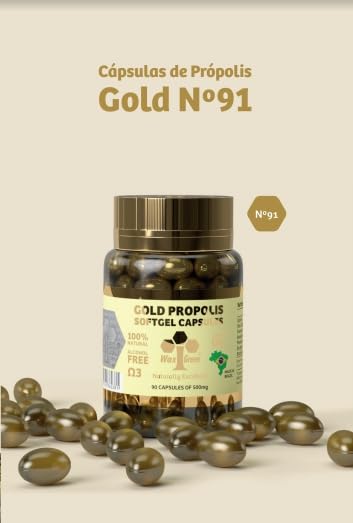 Close-up of Generic Wax Green Propolis N91 Gold capsules showing oil-rich interior