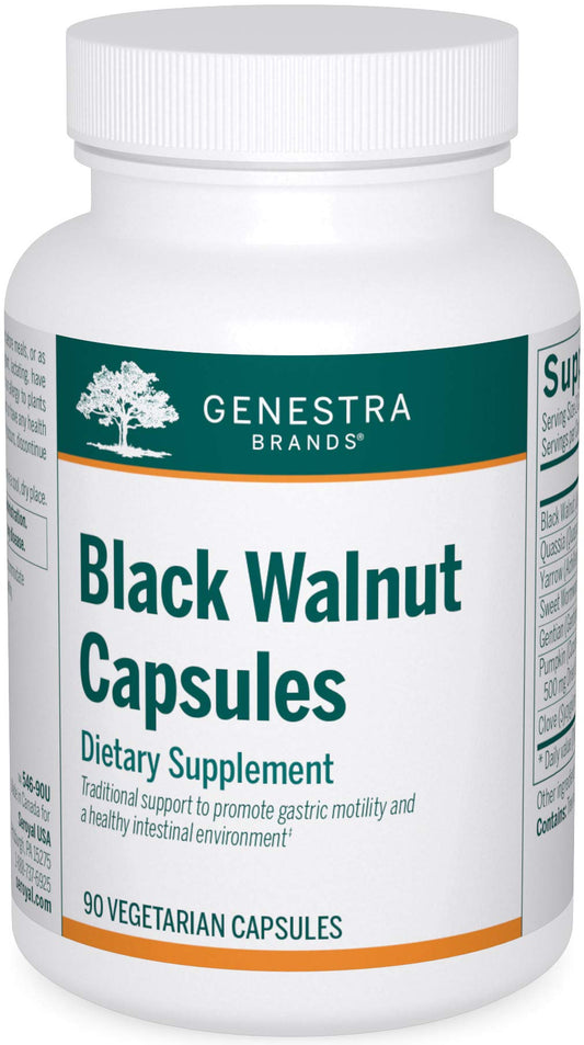 Genestra Brands Black Walnut Capsules bottle designed for digestive support.