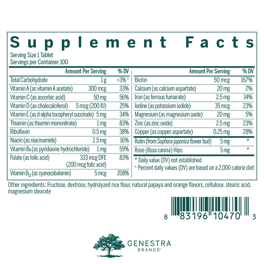 Close-up of Genestra Brands orange papaya flavored chewables for kids' daily supplement