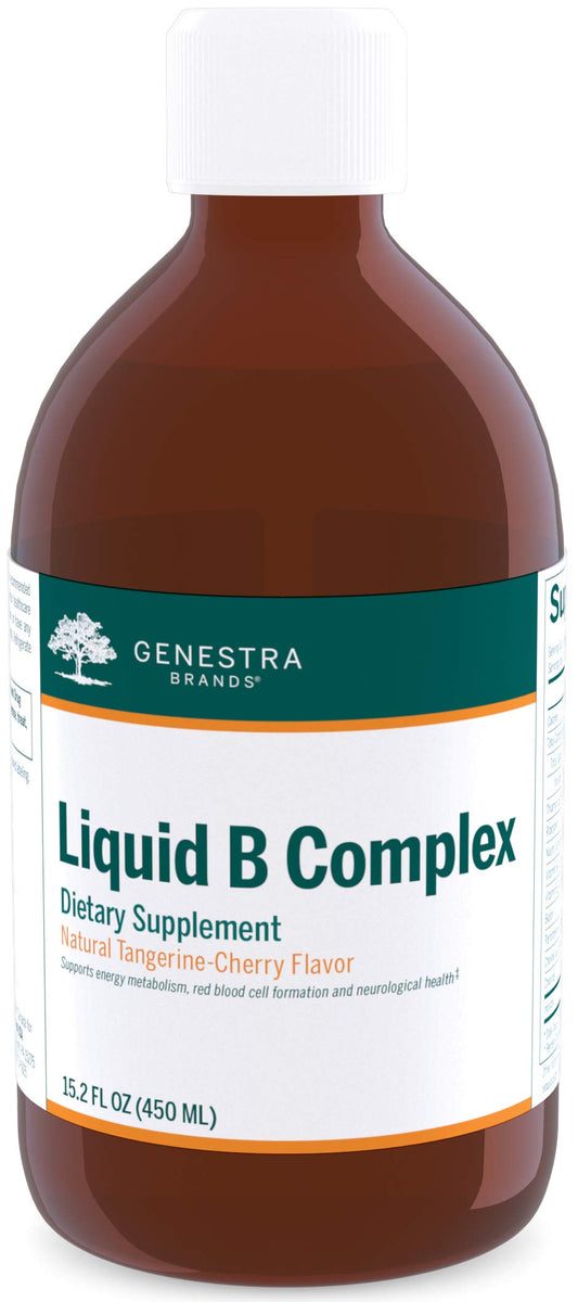 Genestra Brands Liquid B Complex bottle pour showing daily energy support