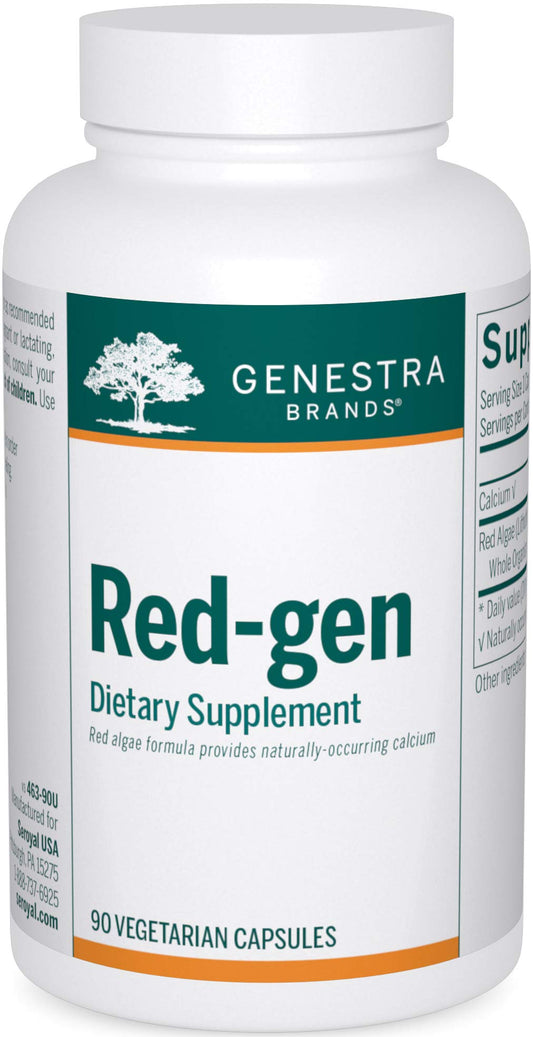 Genestra Brands Red-gen bottle front showing red algae formulation for mineral balance