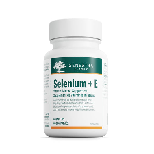 Genestra Brands Selenium + E bottle front displaying antioxidant tablets
