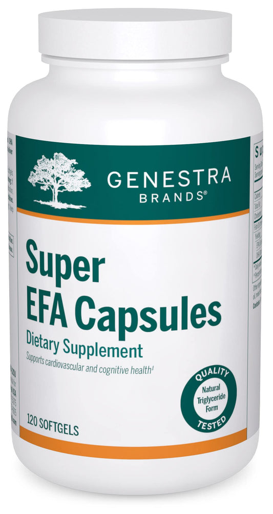 Genestra Brands Super EFA capsules bottle with label highlights omega-3 support for cardiovascular wellness