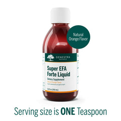 Genestra Super EFA Forte Liquid bottle side view with clear dosage information for daily use.