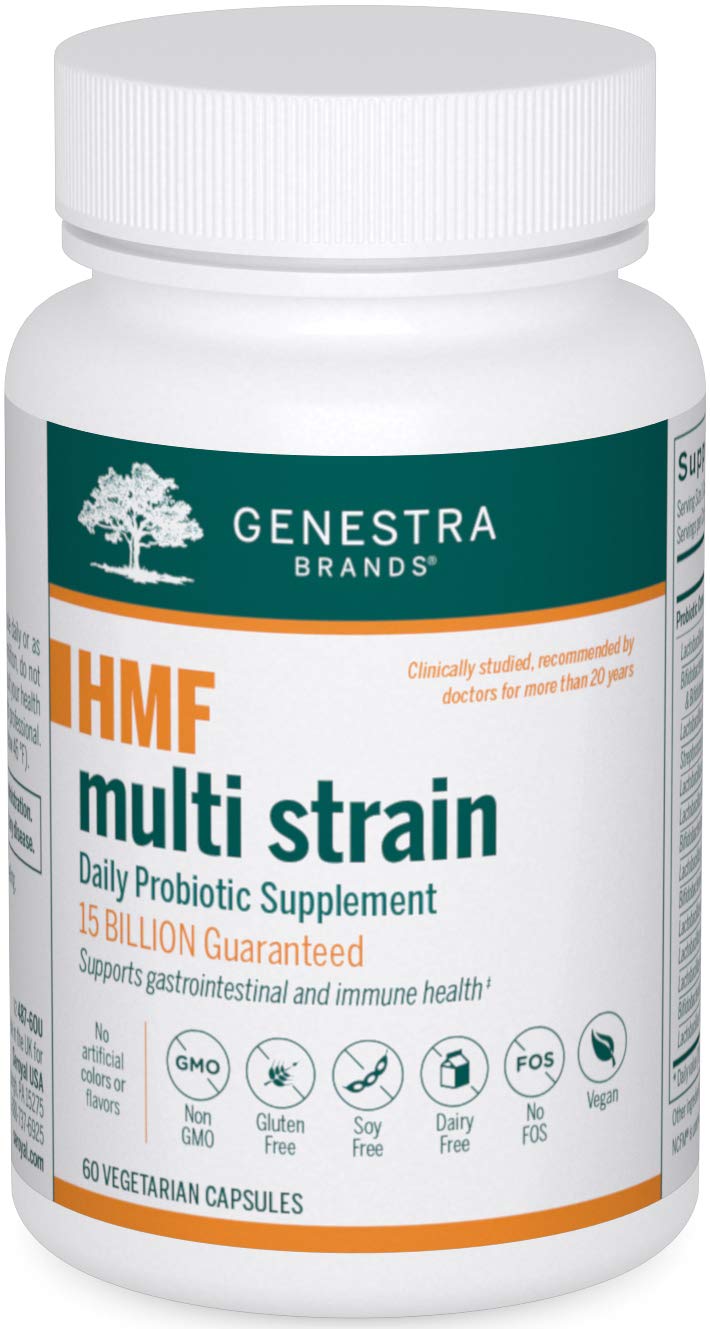 Genestra HMF Multi Strain bottle on shelf supports balanced gut microflora
