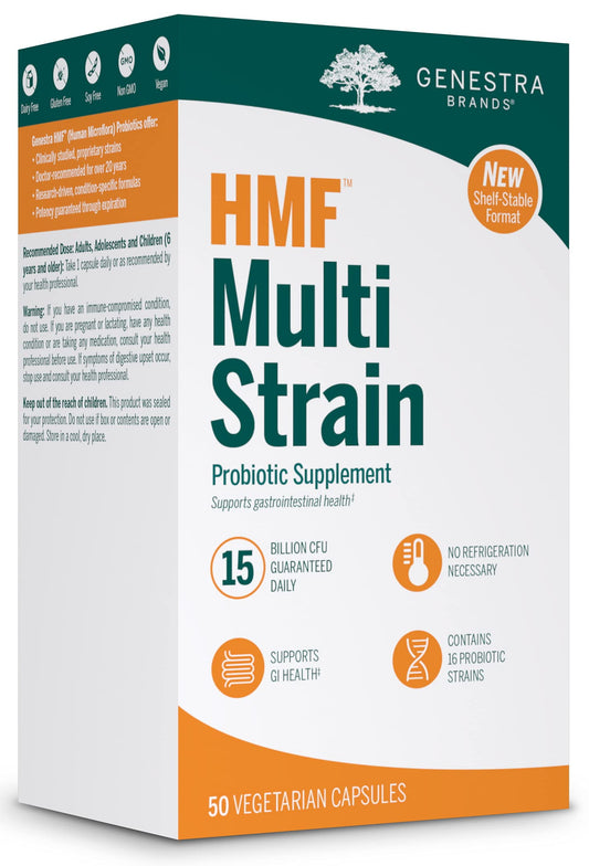 Genestra HMF Multi Strain bottle with 50 capsules for gut health and convenience.