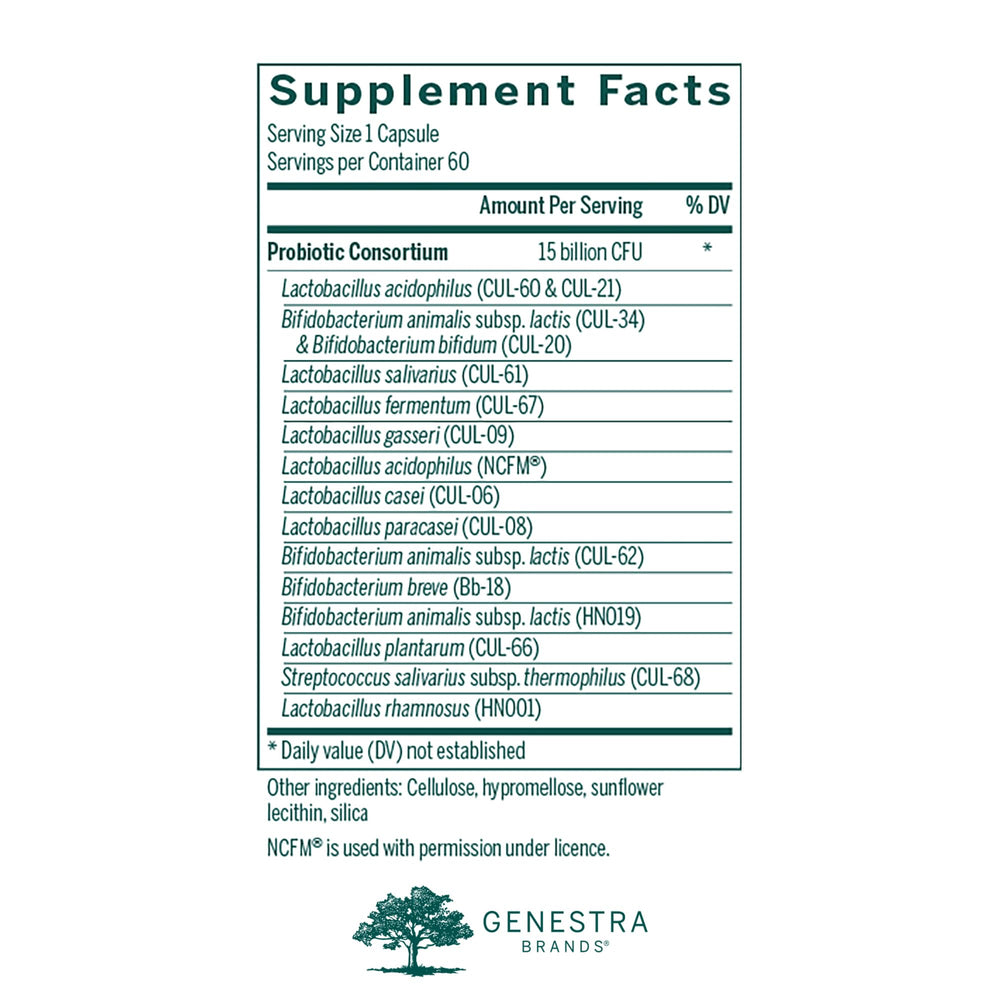 Genestra HMF Multi Strain capsules closeup highlights probiotic blend for digestive balance