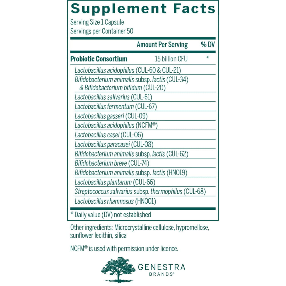 Genestra HMF Multi Strain capsules ready for daily probiotic support.