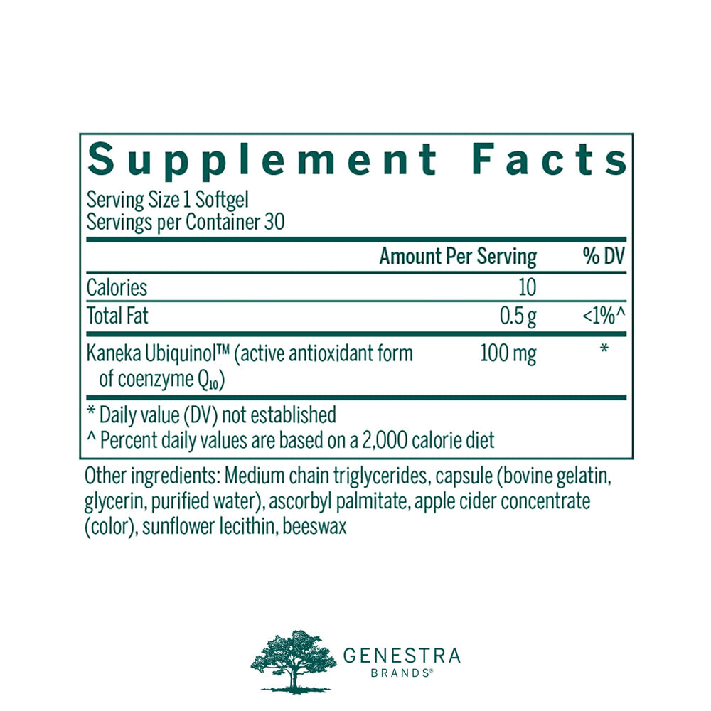 Close-up of Genestra Ubiquinol 100 mg softgels for easy swallowing.
