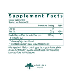 Close-up of Genestra Ubiquinol 100 mg softgels for easy swallowing.