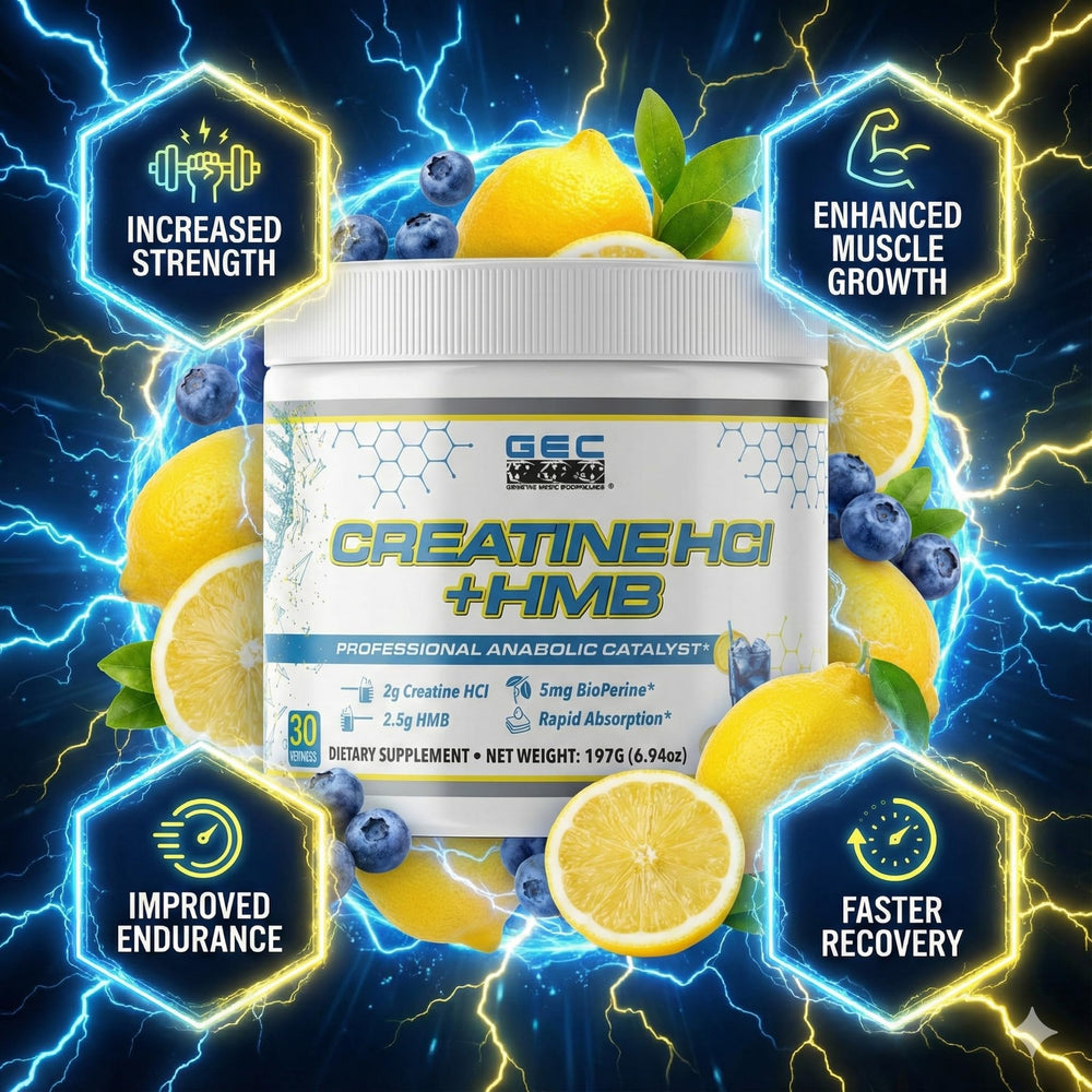 Genetic Edge Creatine HCl + HMB bottle back highlights serving size and benefits.