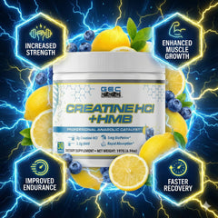 Genetic Edge Creatine HCl + HMB bottle back highlights serving size and benefits.
